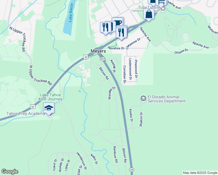 map of restaurants, bars, coffee shops, grocery stores, and more near 2242 Blitzen Road in South Lake Tahoe