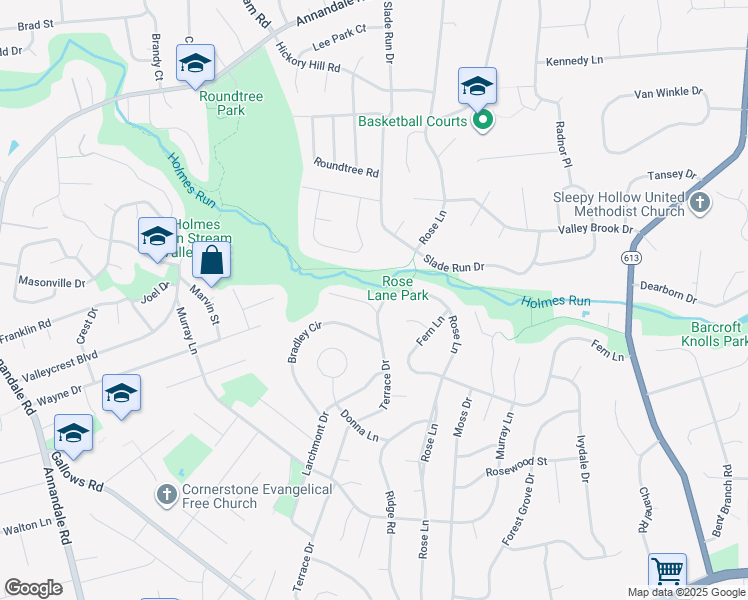 map of restaurants, bars, coffee shops, grocery stores, and more near 7000 Raleigh Road in Annandale