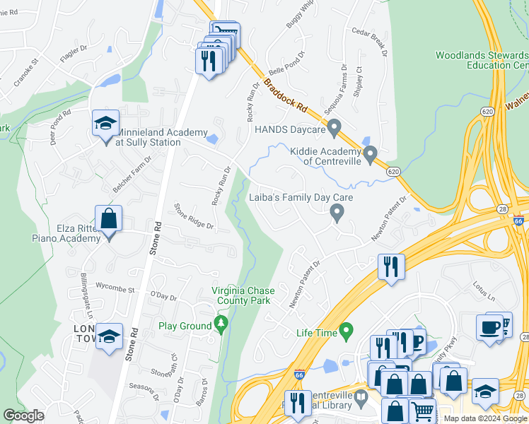 map of restaurants, bars, coffee shops, grocery stores, and more near 14486 Four Chimney Drive in Centreville