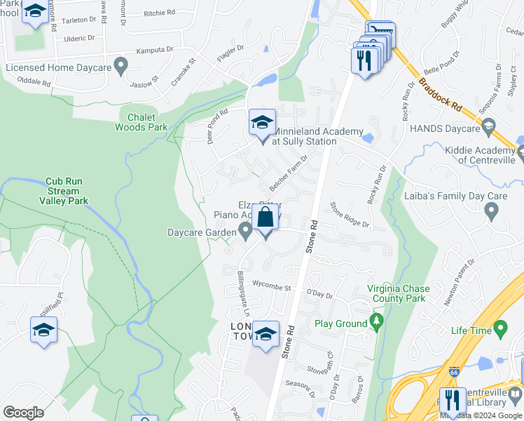 map of restaurants, bars, coffee shops, grocery stores, and more near 14780 Green Park Way in Centreville