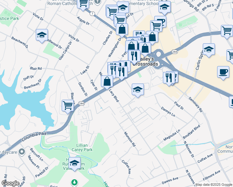 map of restaurants, bars, coffee shops, grocery stores, and more near 3531 Lacy Boulevard in Falls Church