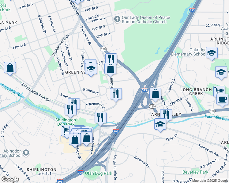 map of restaurants, bars, coffee shops, grocery stores, and more near 2503 Shirlington Road in Arlington