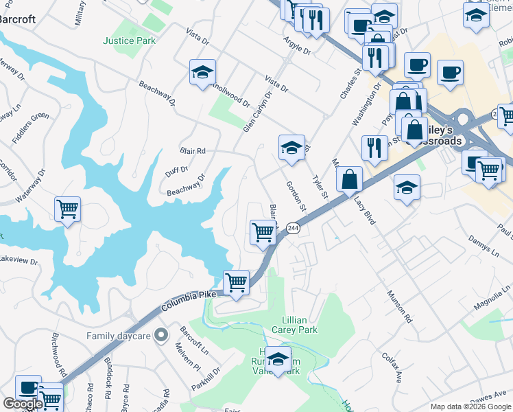 map of restaurants, bars, coffee shops, grocery stores, and more near 3615 Malibu Circle in Falls Church