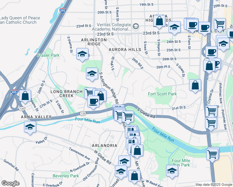 map of restaurants, bars, coffee shops, grocery stores, and more near 2724 South June Street in Arlington