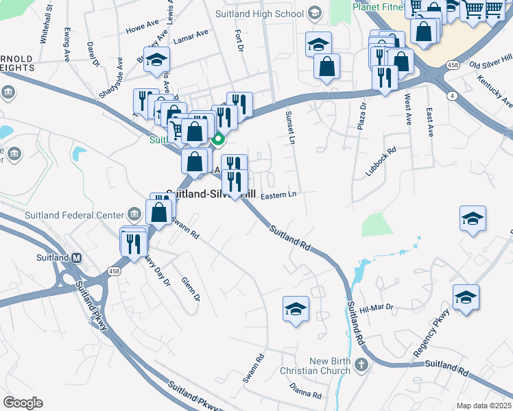 map of restaurants, bars, coffee shops, grocery stores, and more near 5006 Suitland Road in Hillcrest Heights