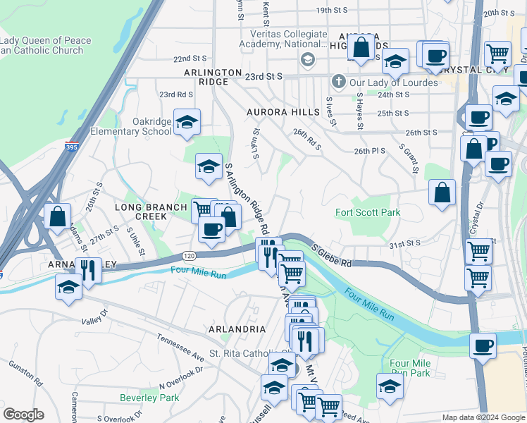 map of restaurants, bars, coffee shops, grocery stores, and more near 2724 South June Street in Arlington