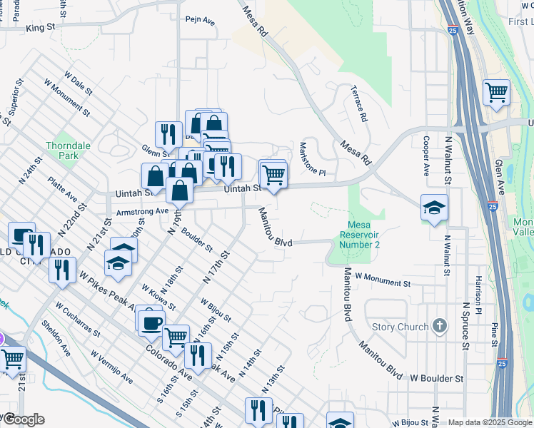 map of restaurants, bars, coffee shops, grocery stores, and more near 1634 Manitou Boulevard in Colorado Springs