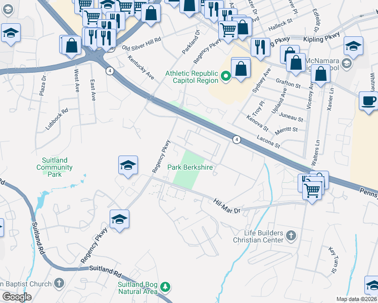 map of restaurants, bars, coffee shops, grocery stores, and more near Highway 4 in Forestville