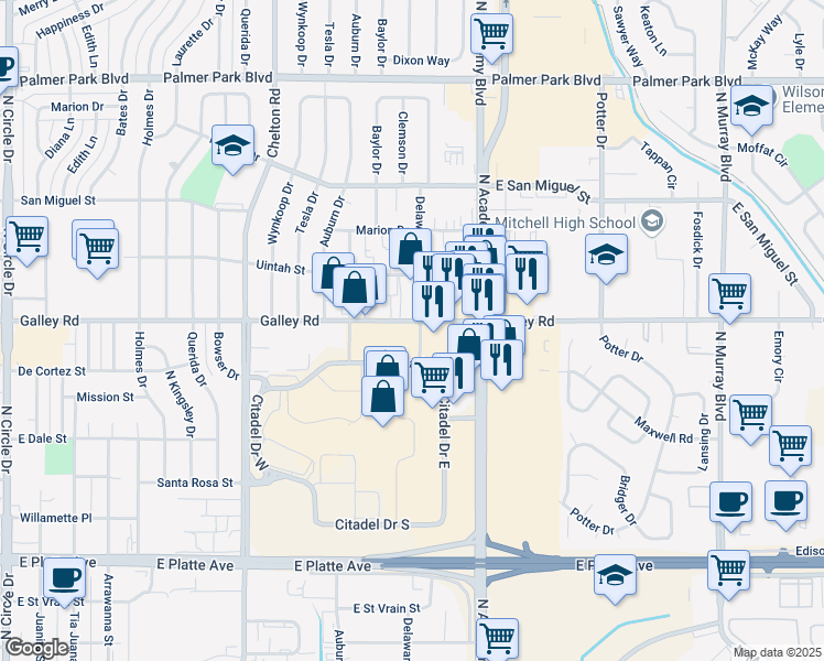 map of restaurants, bars, coffee shops, grocery stores, and more near 920 Delaware Drive in Colorado Springs