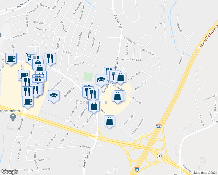 map of restaurants, bars, coffee shops, grocery stores, and more near 7803 Parston Drive in Forestville