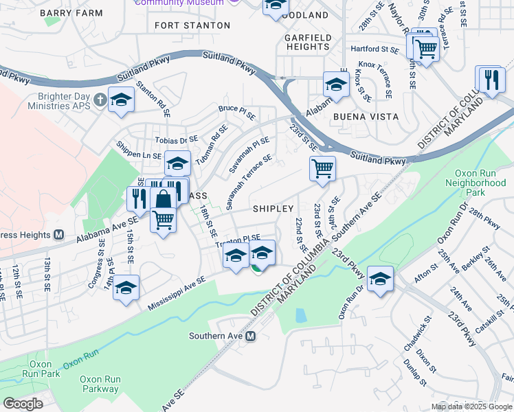 map of restaurants, bars, coffee shops, grocery stores, and more near 1922 Savannah Street Southeast in Washington