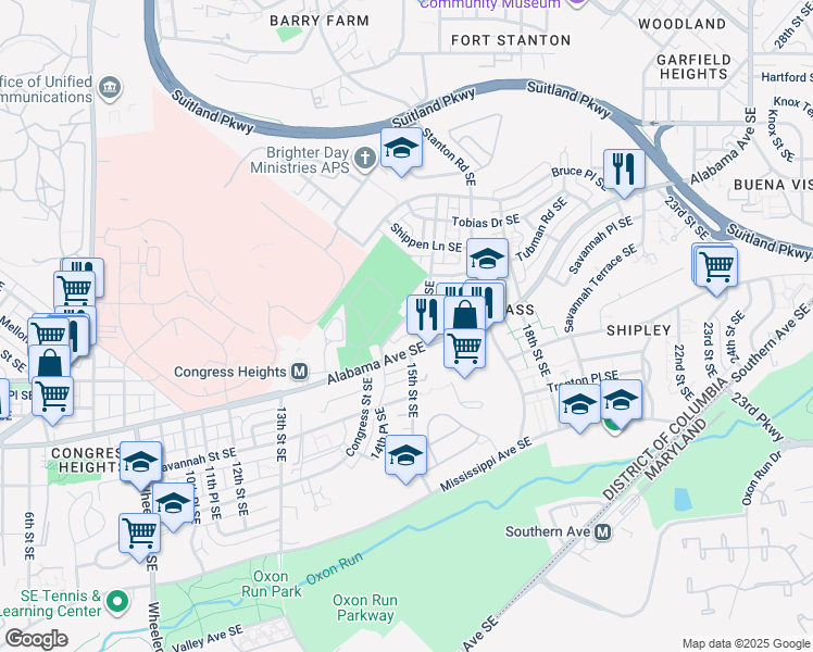 map of restaurants, bars, coffee shops, grocery stores, and more near 1429 Congress Place Southeast in Washington