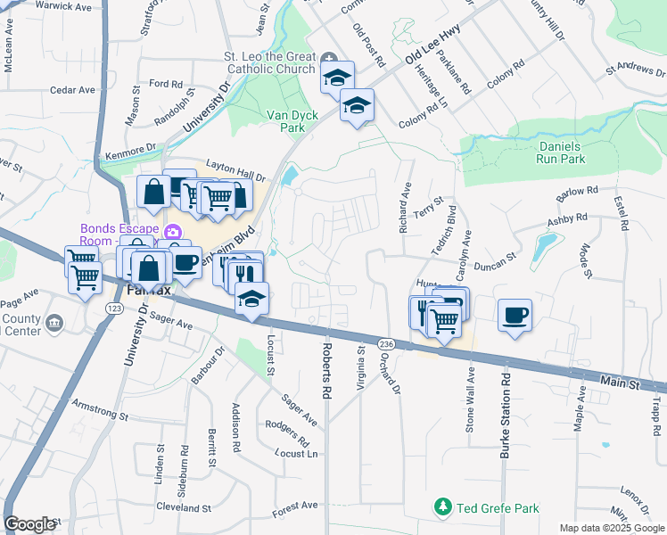 map of restaurants, bars, coffee shops, grocery stores, and more near 3871 Farrcroft Drive in Fairfax