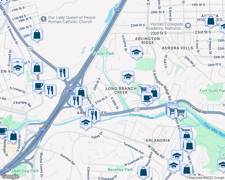 map of restaurants, bars, coffee shops, grocery stores, and more near 2640 South Troy Street in Arlington
