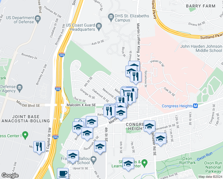 map of restaurants, bars, coffee shops, grocery stores, and more near 501 Mellon Street Southeast in Washington