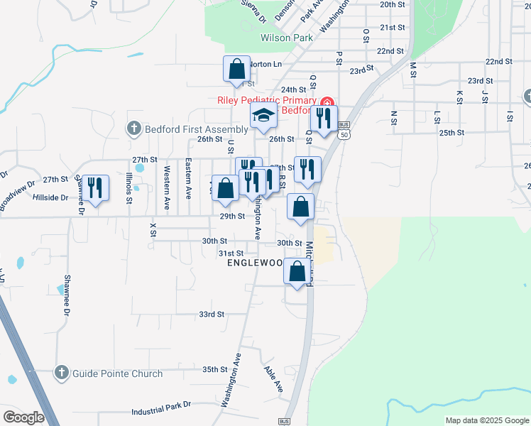 map of restaurants, bars, coffee shops, grocery stores, and more near 2826 Washington Avenue in Bedford