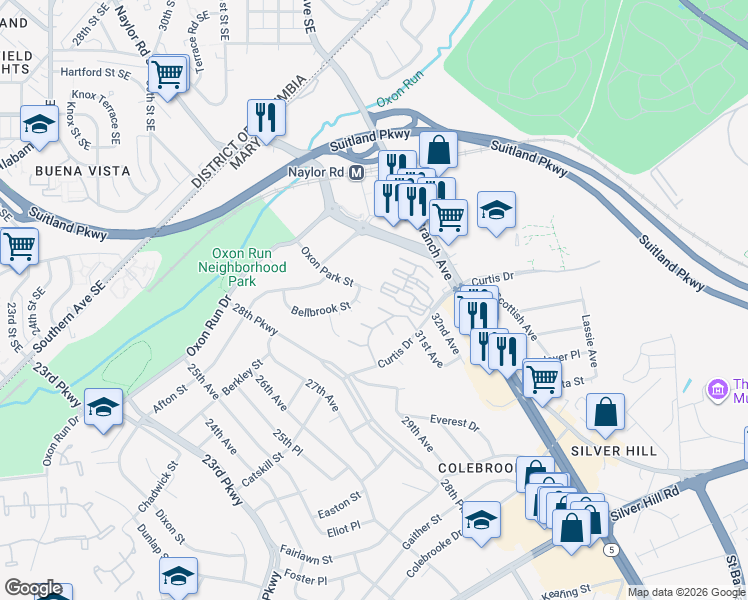 map of restaurants, bars, coffee shops, grocery stores, and more near 3226 Burton Court in Temple Hills