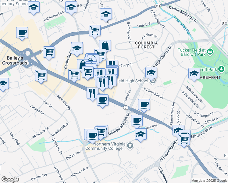 map of restaurants, bars, coffee shops, grocery stores, and more near 3529 Leesburg Court in Alexandria