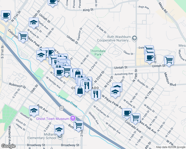 map of restaurants, bars, coffee shops, grocery stores, and more near 2225 West Bijou Street in Colorado Springs