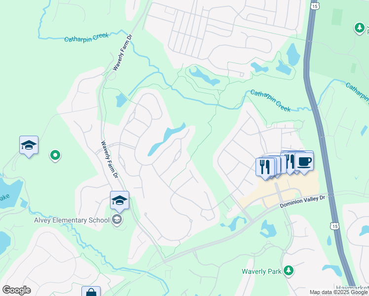 map of restaurants, bars, coffee shops, grocery stores, and more near 5105 Faldo Drive in Haymarket