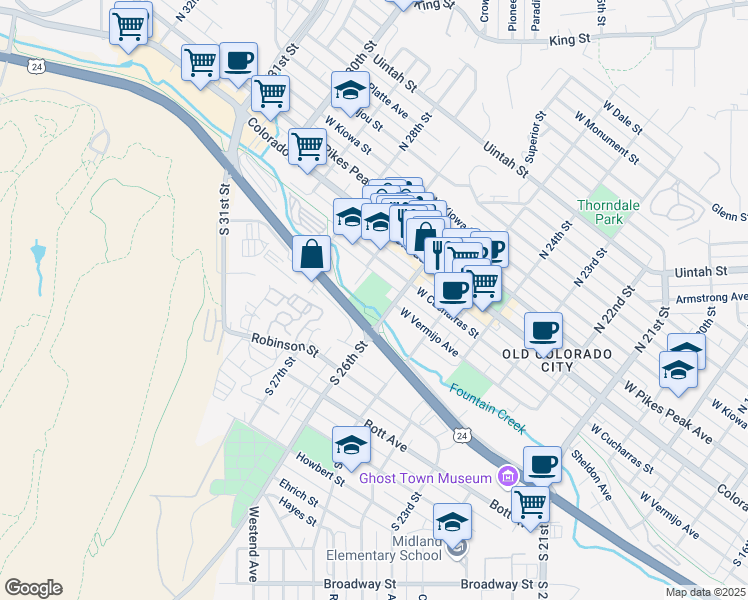 map of restaurants, bars, coffee shops, grocery stores, and more near 2601 West Vermijo Avenue in Colorado Springs