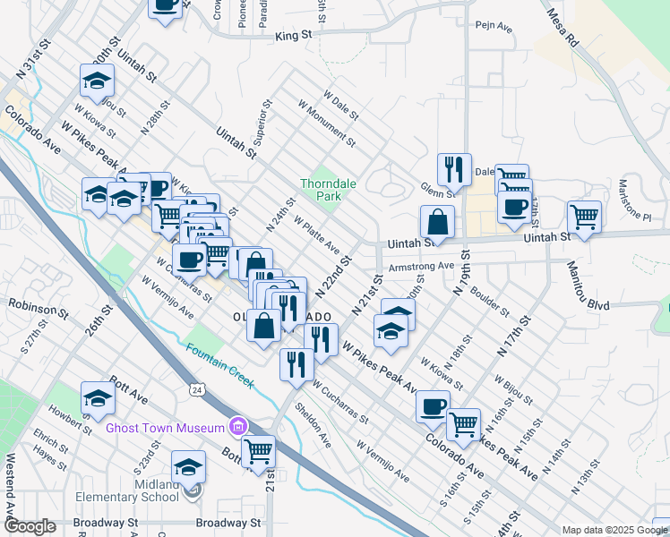 map of restaurants, bars, coffee shops, grocery stores, and more near 204 North 22nd Street in Colorado Springs