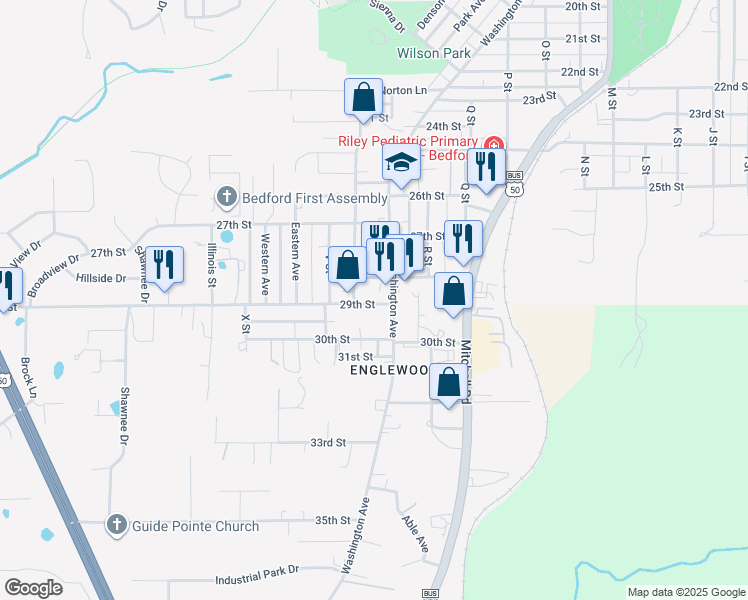 map of restaurants, bars, coffee shops, grocery stores, and more near 2012 29th Street in Bedford