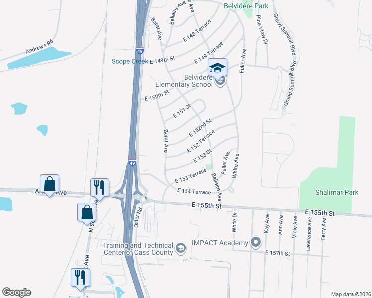 map of restaurants, bars, coffee shops, grocery stores, and more near 6108b East 152 Terrace in Grandview