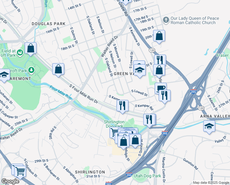 map of restaurants, bars, coffee shops, grocery stores, and more near 2444 South Oakland Street in Arlington