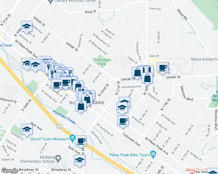 map of restaurants, bars, coffee shops, grocery stores, and more near 2137 West Platte Avenue in Colorado Springs