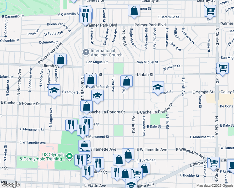 map of restaurants, bars, coffee shops, grocery stores, and more near 1017 Iowa Avenue in Colorado Springs