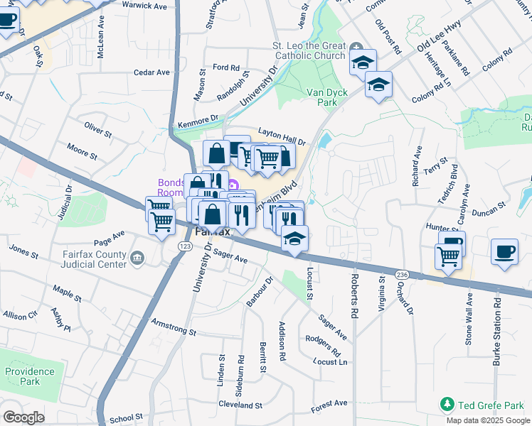 map of restaurants, bars, coffee shops, grocery stores, and more near 3915 Blenheim Boulevard in Fairfax