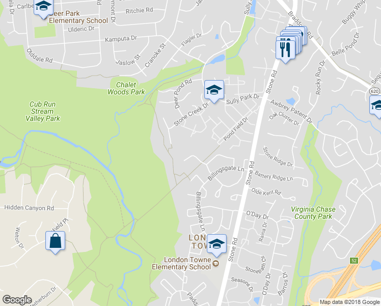 map of restaurants, bars, coffee shops, grocery stores, and more near 14822 Basingstoke Loop in Centreville
