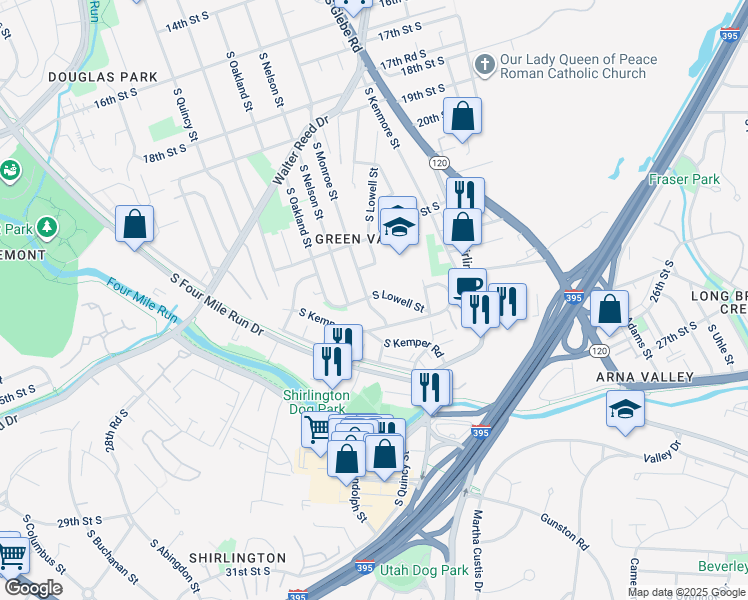 map of restaurants, bars, coffee shops, grocery stores, and more near 2449 South Monroe Street in Arlington