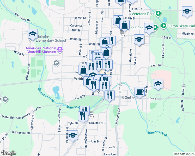 map of restaurants, bars, coffee shops, grocery stores, and more near 401 Court Street in Fulton