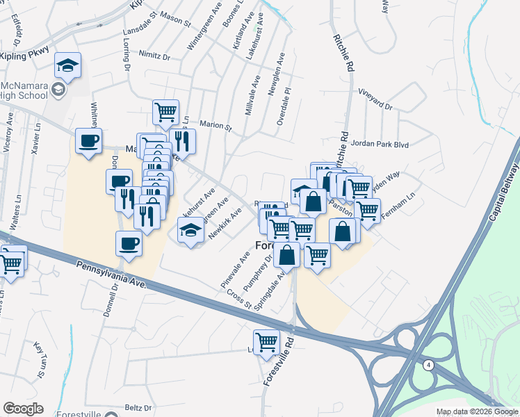 map of restaurants, bars, coffee shops, grocery stores, and more near 750 Marlboro Pike in Forestville