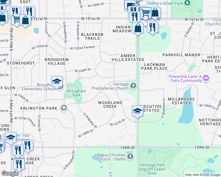 map of restaurants, bars, coffee shops, grocery stores, and more near 15550 South Blackfeather Street in Olathe