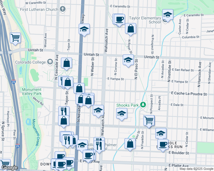 map of restaurants, bars, coffee shops, grocery stores, and more near 911 North Wahsatch Avenue in Colorado Springs