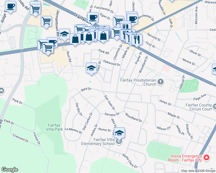 map of restaurants, bars, coffee shops, grocery stores, and more near 4120 Chestnut Street in Fairfax