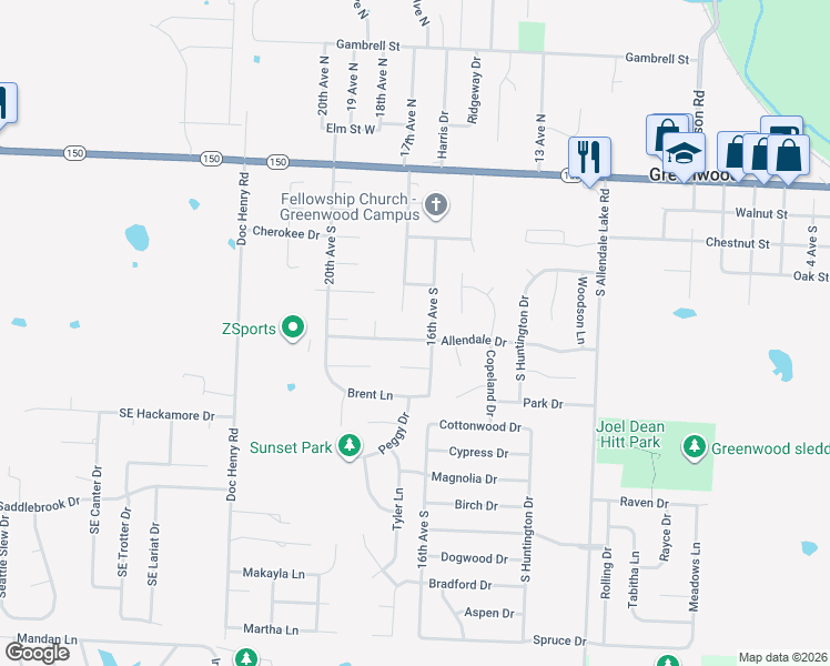 map of restaurants, bars, coffee shops, grocery stores, and more near 1704 Allendale Drive in Greenwood