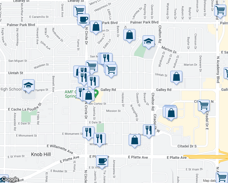 map of restaurants, bars, coffee shops, grocery stores, and more near 3107 Galley Road in Colorado Springs