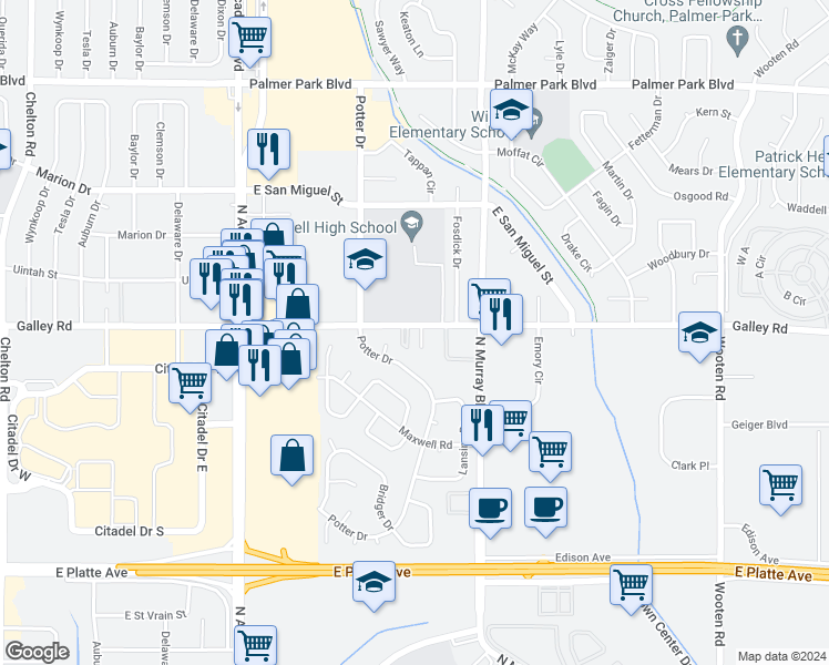 map of restaurants, bars, coffee shops, grocery stores, and more near 4125 Galley Road in Colorado Springs