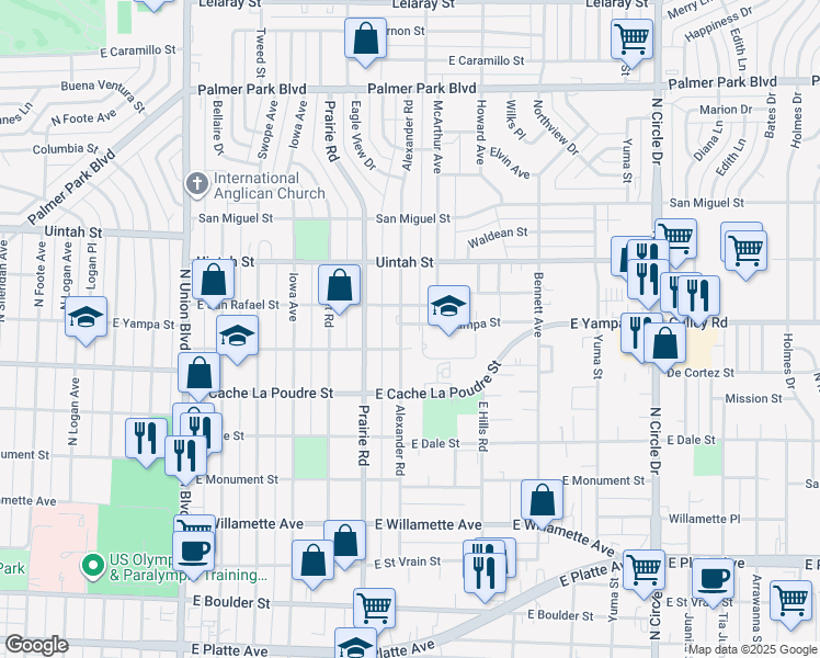 map of restaurants, bars, coffee shops, grocery stores, and more near 1015 Alexander Road in Colorado Springs