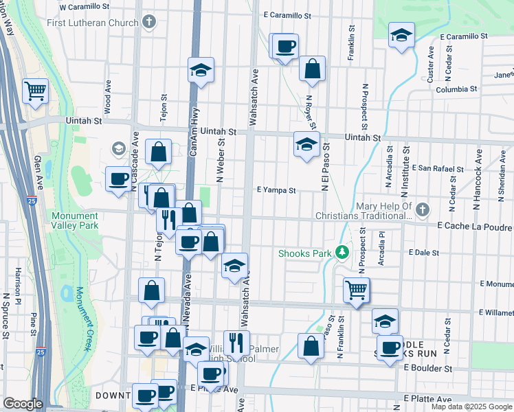 map of restaurants, bars, coffee shops, grocery stores, and more near 911 North Wahsatch Avenue in Colorado Springs