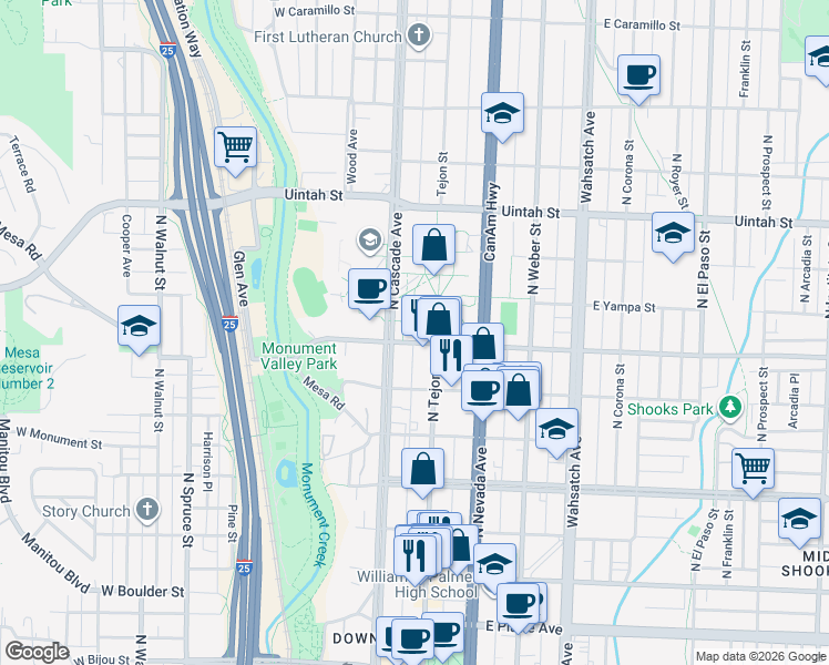 map of restaurants, bars, coffee shops, grocery stores, and more near 14 East Cache La Poudre Street in Colorado Springs