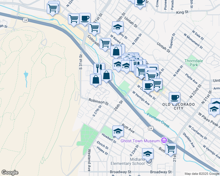 map of restaurants, bars, coffee shops, grocery stores, and more near 2655 Ore Mill Road in Colorado Springs