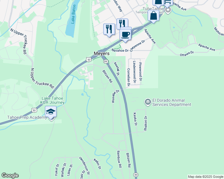 map of restaurants, bars, coffee shops, grocery stores, and more near 2238 Blitzen Road in South Lake Tahoe