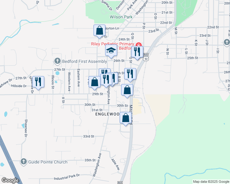 map of restaurants, bars, coffee shops, grocery stores, and more near 2826 Washington Avenue in Bedford