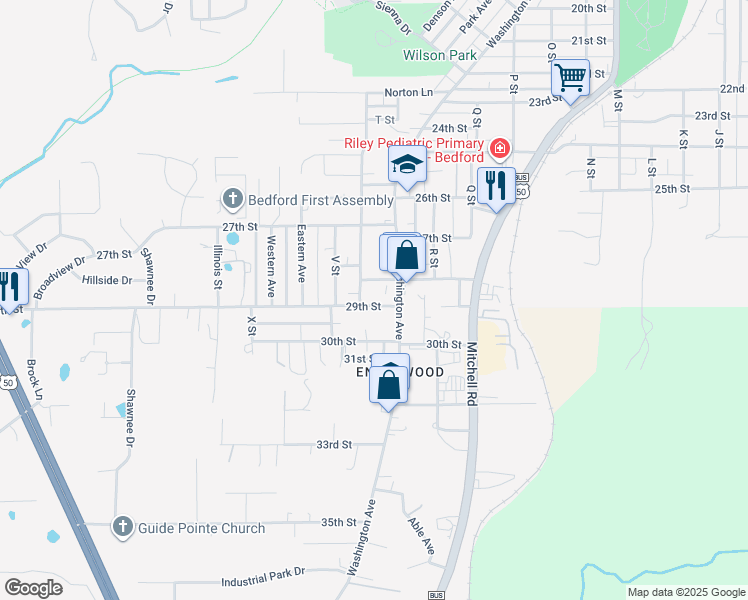 map of restaurants, bars, coffee shops, grocery stores, and more near 2012 29th Street in Bedford