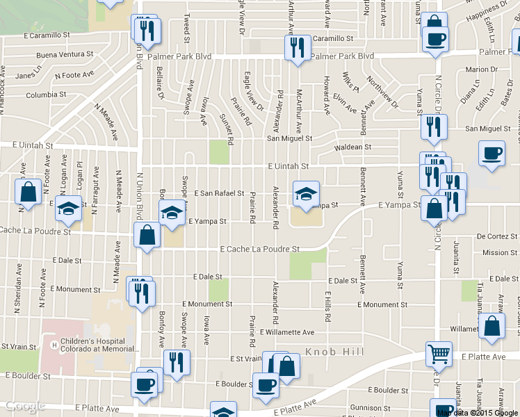 map of restaurants, bars, coffee shops, grocery stores, and more near 1017 Prairie Road in Colorado Springs